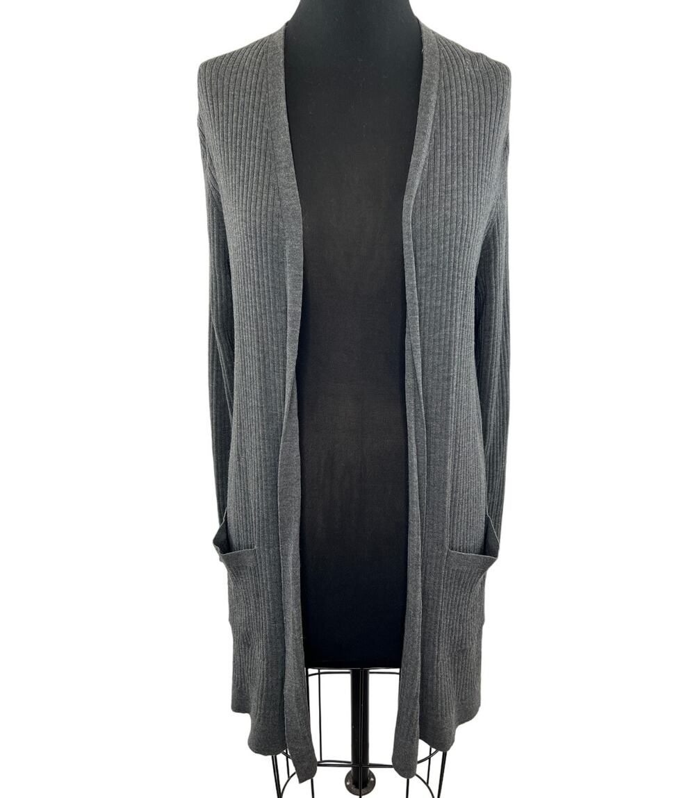 Eileen Fisher Gray Long Sleeve Ribbed Knit Open Front Womens Wool Cardigan Sz M